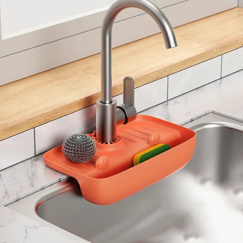 Household Silicone Sink Drain Rack Faucet Splash Proof Drain Rack Water Collecting Pad Sponge Rag Steel Wool Gadget Storage Box