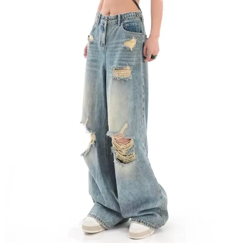 Pantalones vaqueros rasgados Retro para mujer, Jeans rectos de pierna ancha, ropa de calle Y2k, nueva moda de otoño
