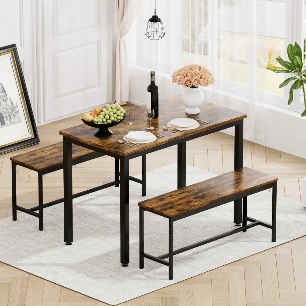 Set tavolo da pranzo industriale con 2 panche 110x60x75 cm, tavolo da cucina marrone rustico con panche, tavolo da colazione per soggiorno