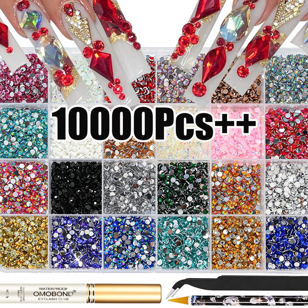 4Pcs/kit Colorful Mini Round Crystal Nail Rhinestone 24Grids SS3 Mini Diamond+1Wax Pen+1Tweezer+1Nail Glue DIY Nail Crystal Set