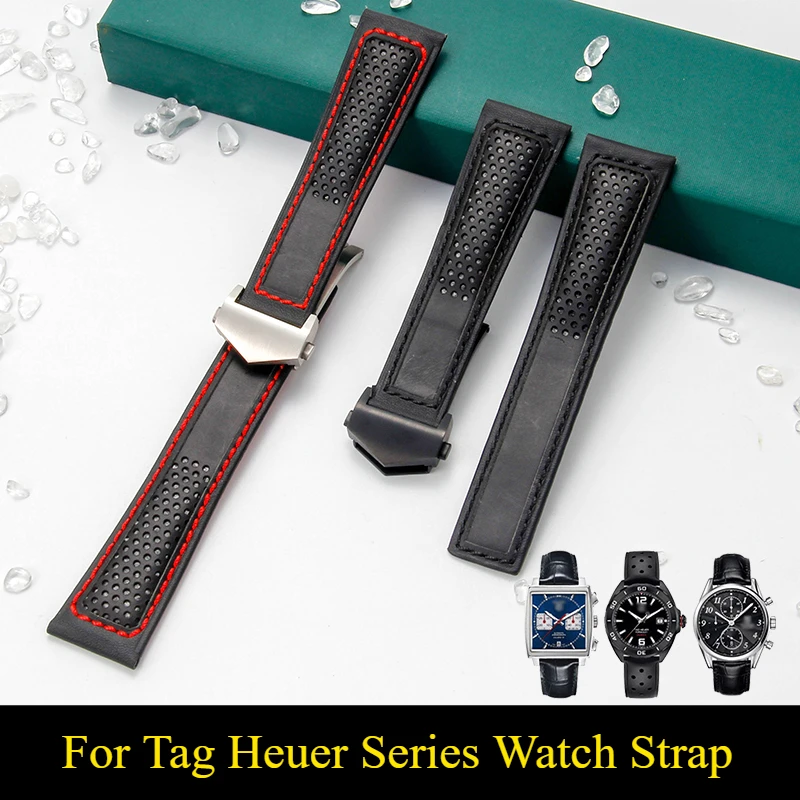 Durable Wear-resistant Flexible Genuine Cow Leather Watchband for Tag Heuer Series Breathable Comfortable Watch Strap 22mm Black