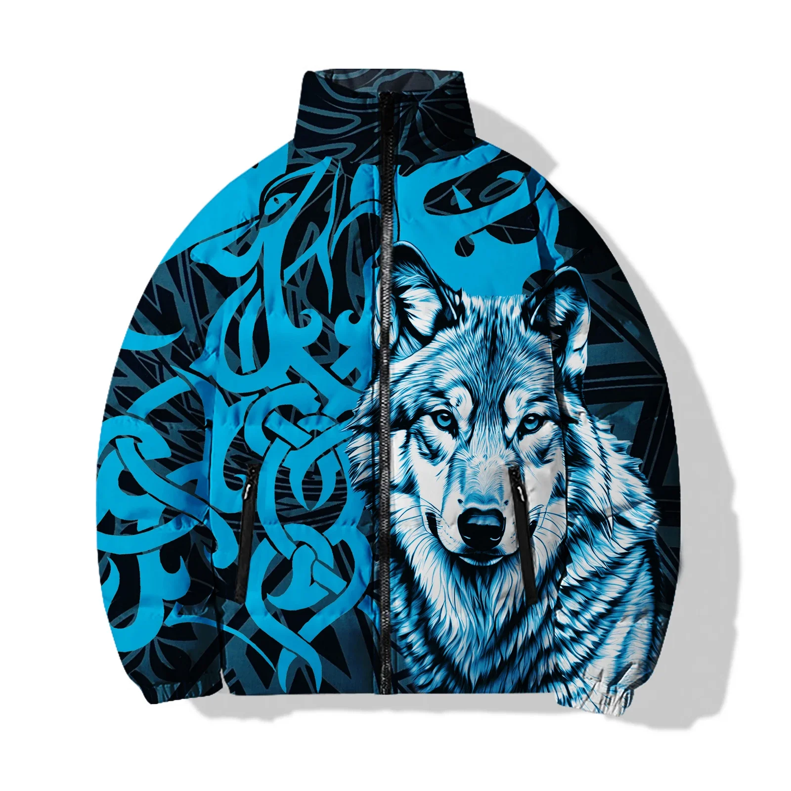 Men\'s Winter Cotton Coat Men\'s Casual Jacket Blue Eyes White Tiger and Black Panther Print Cotton Coat Mens Clothing Jackets Man