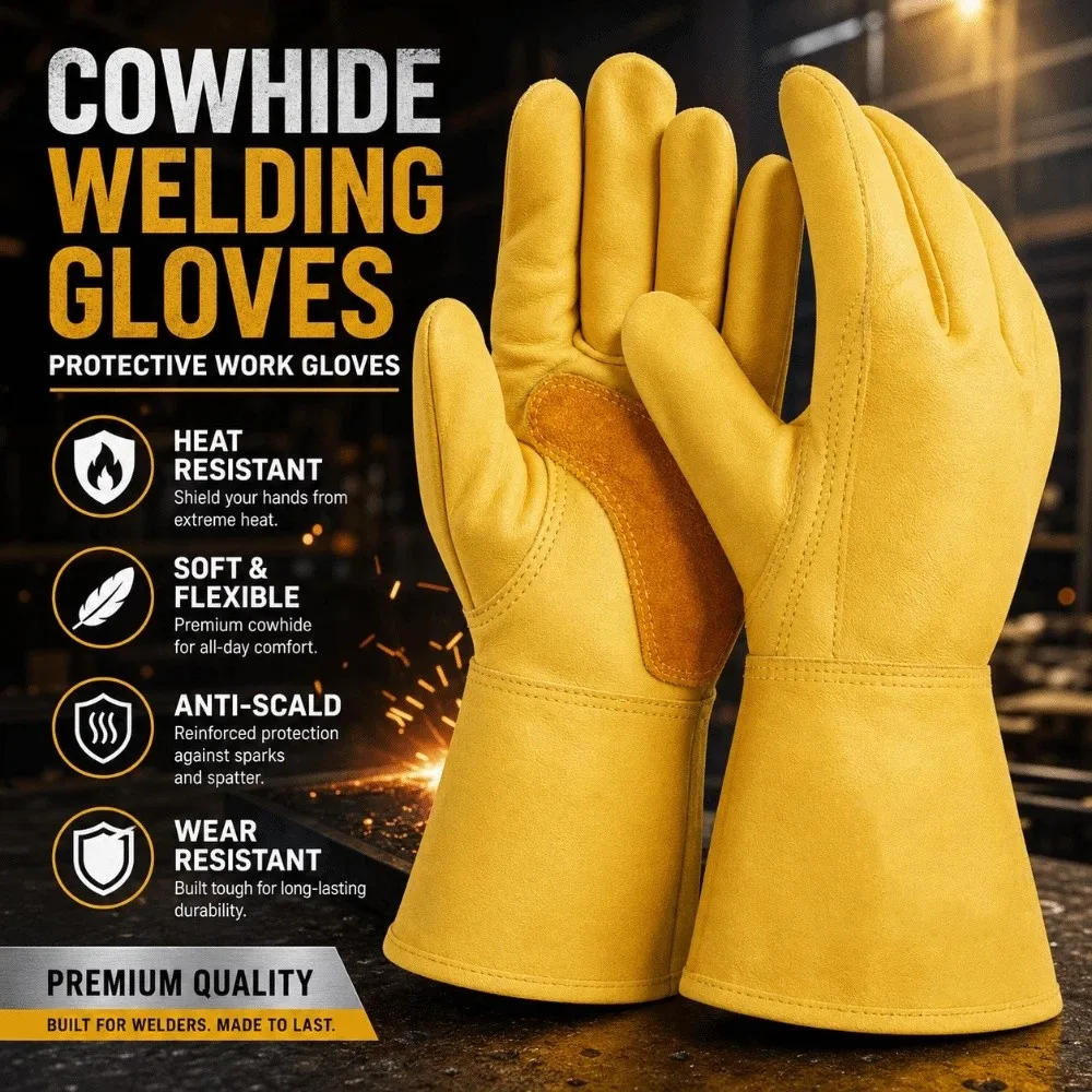 Flex Grip Leather Work Gloves Wear-Resistant Insulated Welding Protection Gloves Stretchable Wrist Soft Cowhide Working Glove