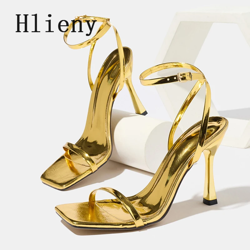 

Hlieny Designer Golden Square Toe Buckle Strap Woman Sandals Summer Fashion Gladiator High Heels Banquet Shoes Sandalias Mujer