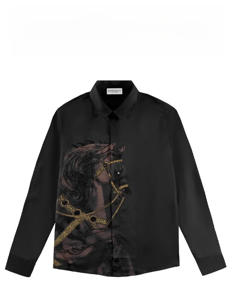 

BAIRBAOLIY Luxury Men's Long Sve Diamond Embellied Casual irt Slim Fit Faionable Ele Polyester Blend Spring Autumn