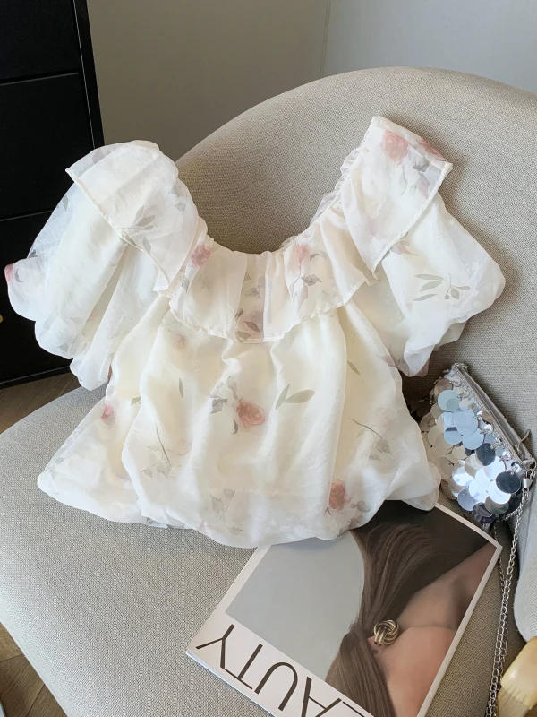 

Romantic Style Pleated Shoulder Bubble Sleeve Chiffon Shirt Women Summer Floral Loose Cover Belly Doll Shirt Korean Version C...
