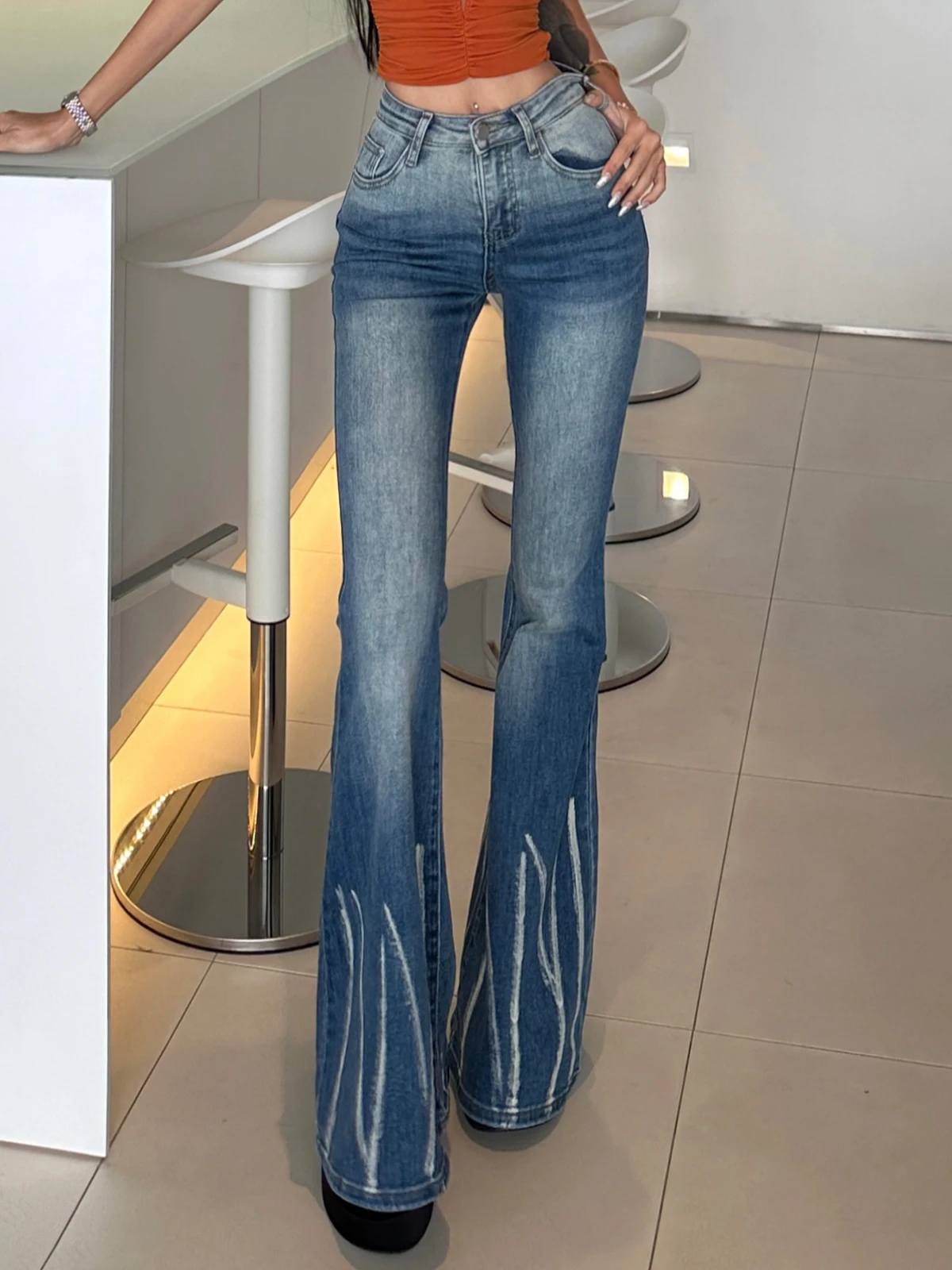 

American Style Spicy Girl Summer High Waisted Micro Flared Jeans Women Design Sense Niche Blue Slim Elastic Long Pants UDZX