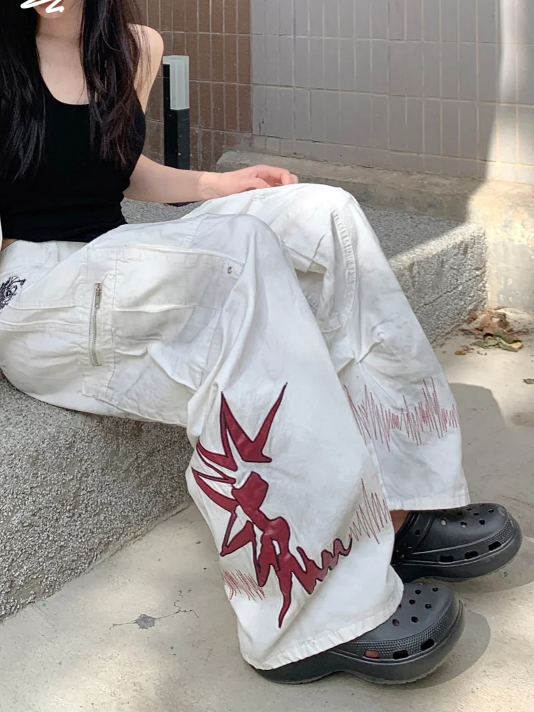 Trashy Y2K 2000S القذرة غسلها الأبيض التطريز فضفاض مكدسة البضائع الجينز السراويل للنساء الملابس واسعة الساق فاسق سيدة بنطلون