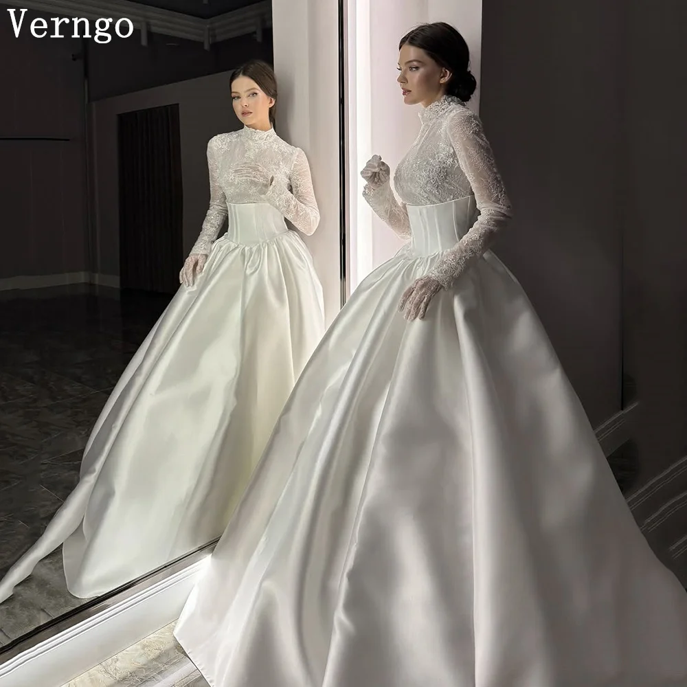 

Verngo Lace Satin Wedding Dresses Women Elegant A Line Dubai Bridal Gowns With Sleeves Formal Bride Dresses Customized