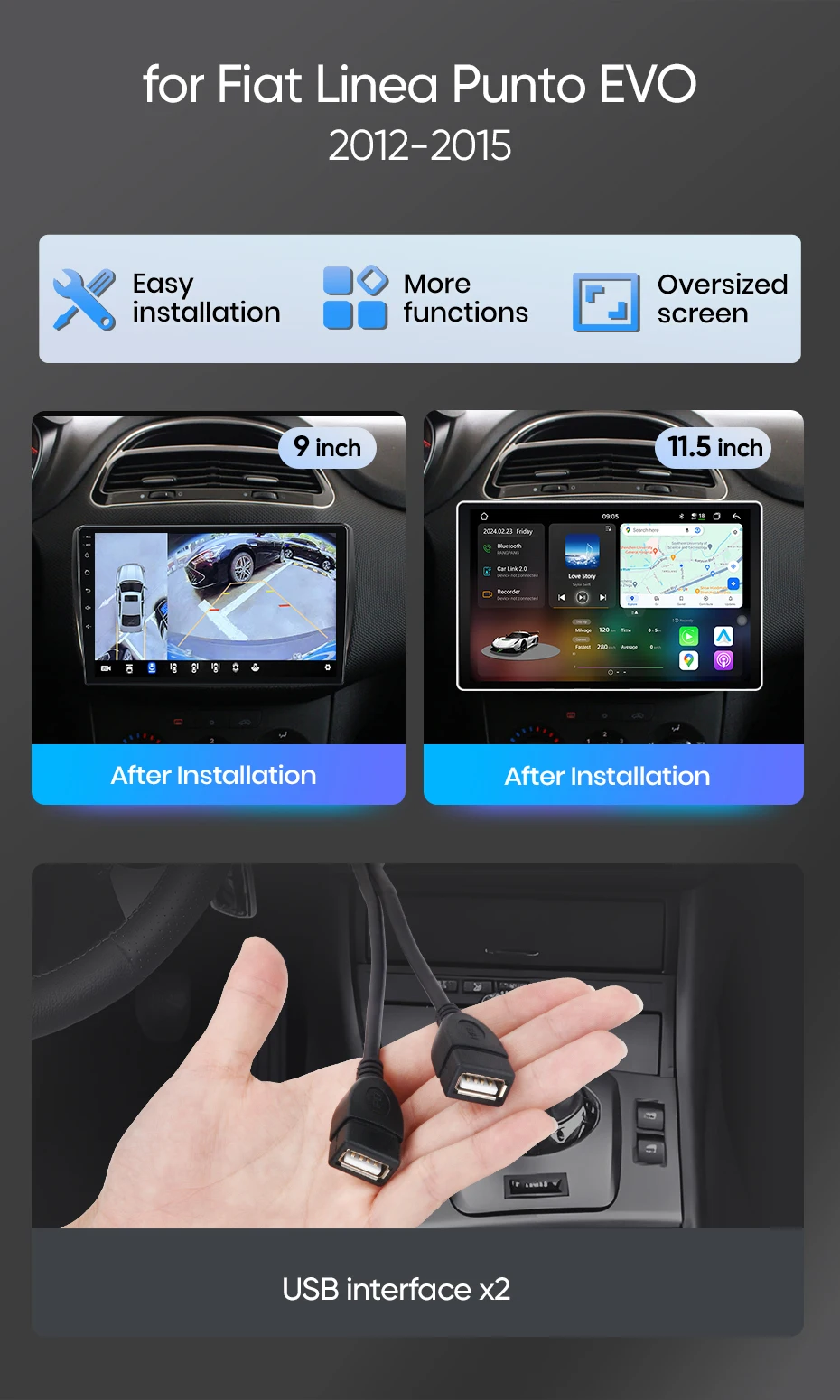 Junsun Android Auto Autoradio für Fiat Linea Punto EVO 2012 2013 2014 2015 Multimedia Wireless Apple CarPlay Intelligente Systeme IPS Touchscreen Stereo Video Player 2 Din Autoradio Head Unit Navigation BT GPS 4G WIFI FM AM DSP RDS SWC – Detail 3