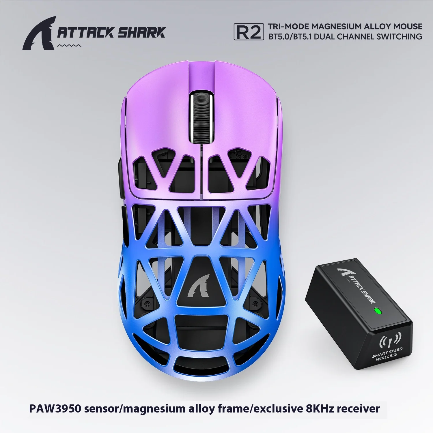 Attack Shark R2 Magnesium Alloy Wireless Mouse PAW3950 Lightweight Gaming Esports Bluetooth Three-Mode 8k Gaming Office Mouse