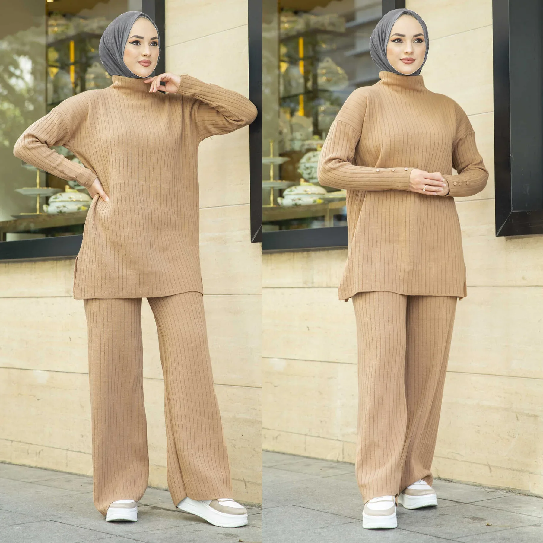 

Knitted Sweater Muslim Sets Autumn and Winter Malaysia Indonesia Suit Fashion Long Sleeve Sweater + Wide Leg Pants Two Piece Set