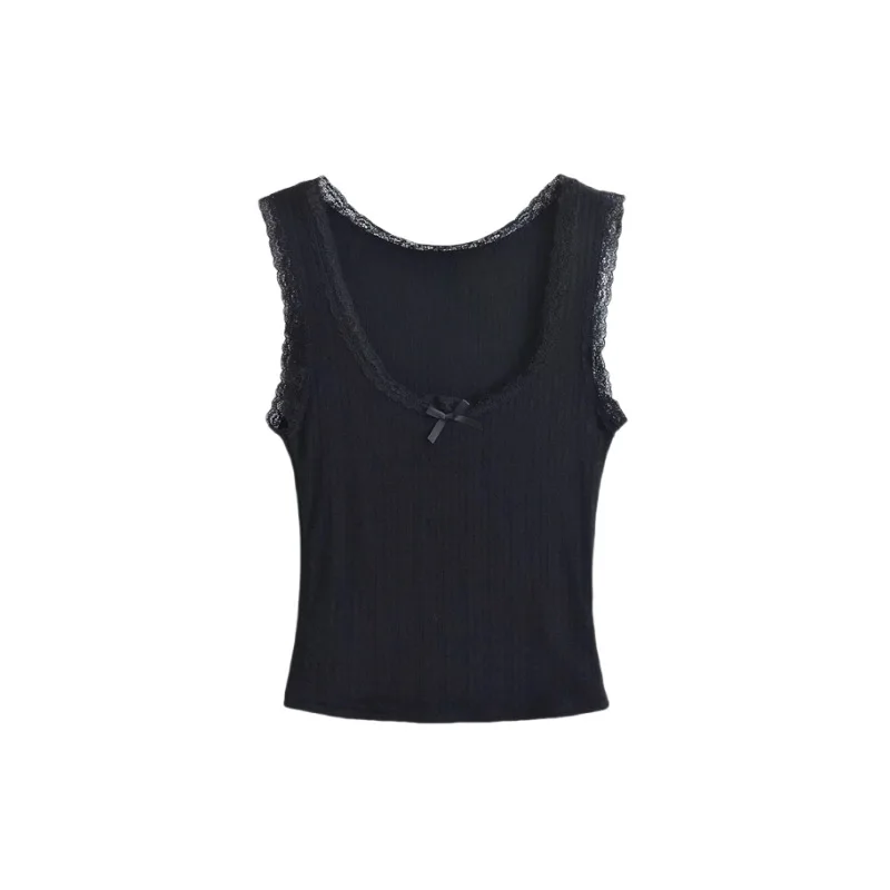 

Women Lace Square Neck U Bow Ribbed Tank Top