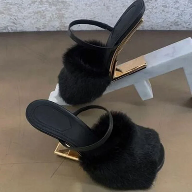 Purple Sheep Fur Slippers Open Toe Strange Style Slip On Hot Sale Shoes Luxury Fashion High Heel Runway Summer Women Sandals