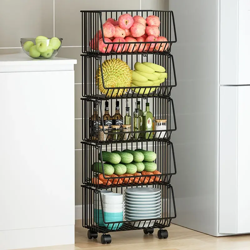 Cartoon Steel Kitchen Cart Vegetables Fruits Snacks Grocery Storage Shelf Household Store The Basket 2/3/4/5 Tier Rolling Cart