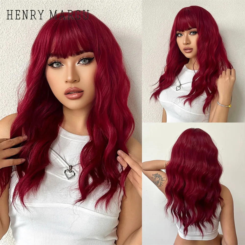 HENRY MARGU Red Water Wavy Synthetic Wigs Long Natural Red Wig with Bangs Red Color Party Costume Hair Heat Resistant Daily Wig