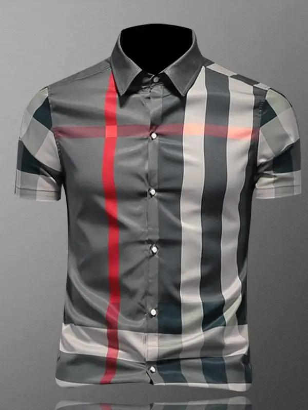 

Men's ort Sve Plaid irt Thin Summer Faionable Korean Sle Striped Top Young Men's Regular Fit Printed Polyester Cas...