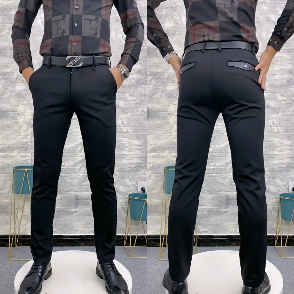

Versatile Straight Leg Pants Casual Bla Slim Fit Men's Busin Casual Long Trousers Spring Summer Elastic Youthful Sle