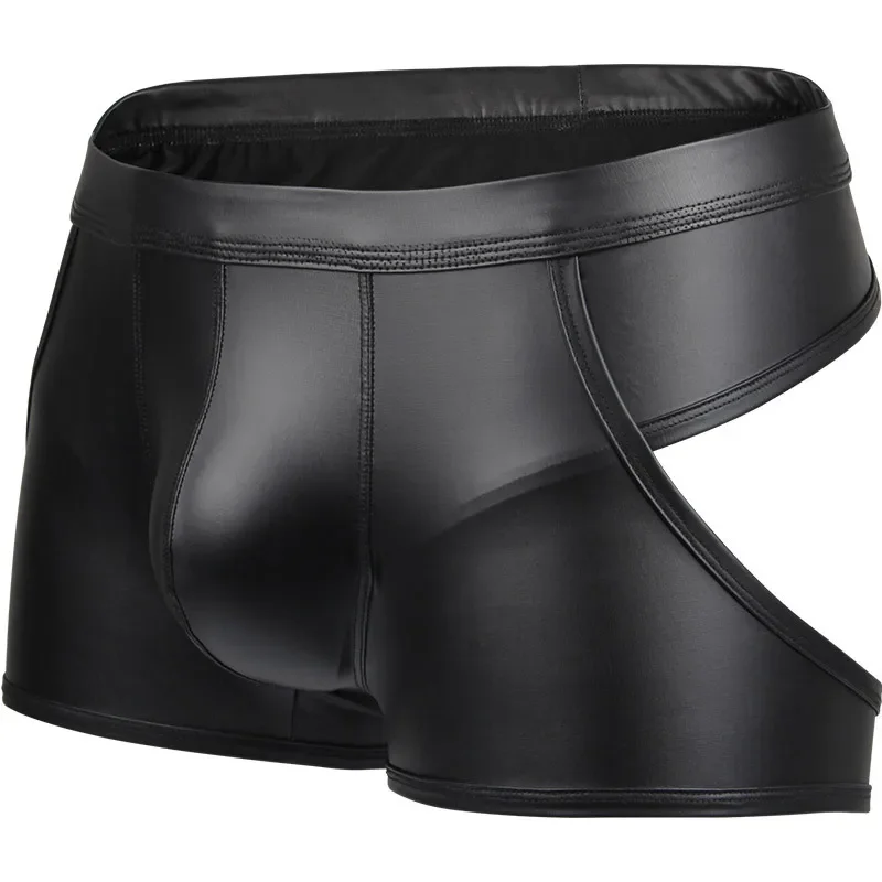 

Sexy Men Boxers Hollow Out Faux Leather Lingerie Stage U Convex Pouch Black Patent Leather Boxers Shorts Underwear