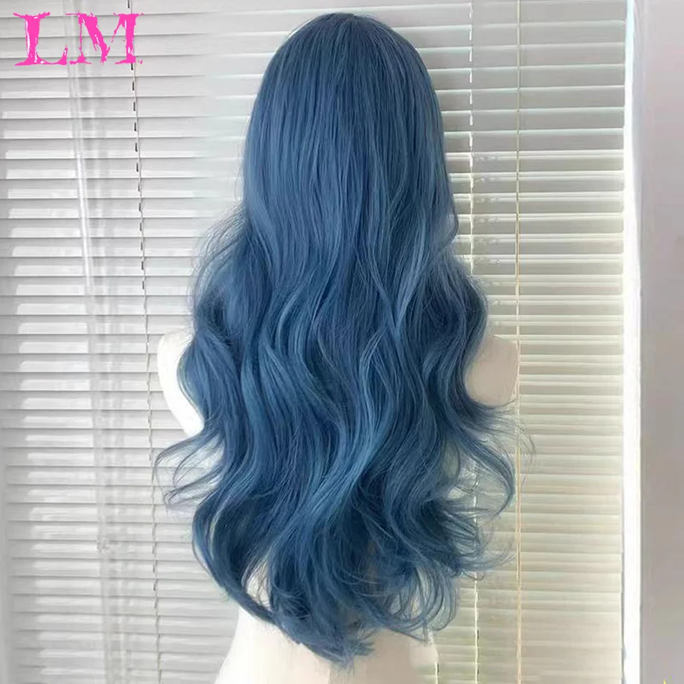 LM Sea Blue Color Synthetic Wigs Middle Part Long Natural Wavy Hair Wig For Women Cosplay Drag Queen Party Heat Resistant