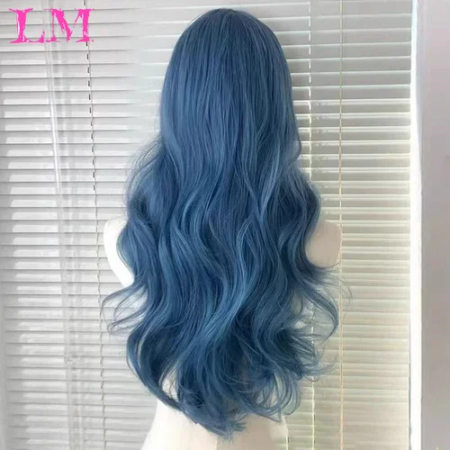 Imagen 2 del producto LM-pelucas sintéticas de Color azul marino para mujer, pelo largo Ondulado Natural de parte media, Cosplay, fiesta de Drag Queen, resistente al calor