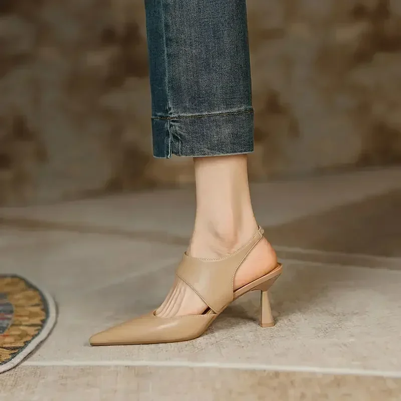 Women Sandals New French Back Empty Stiletto Toe Women High Heel Sandals Pointed Toe Roman Style Solid Color Women Shoes