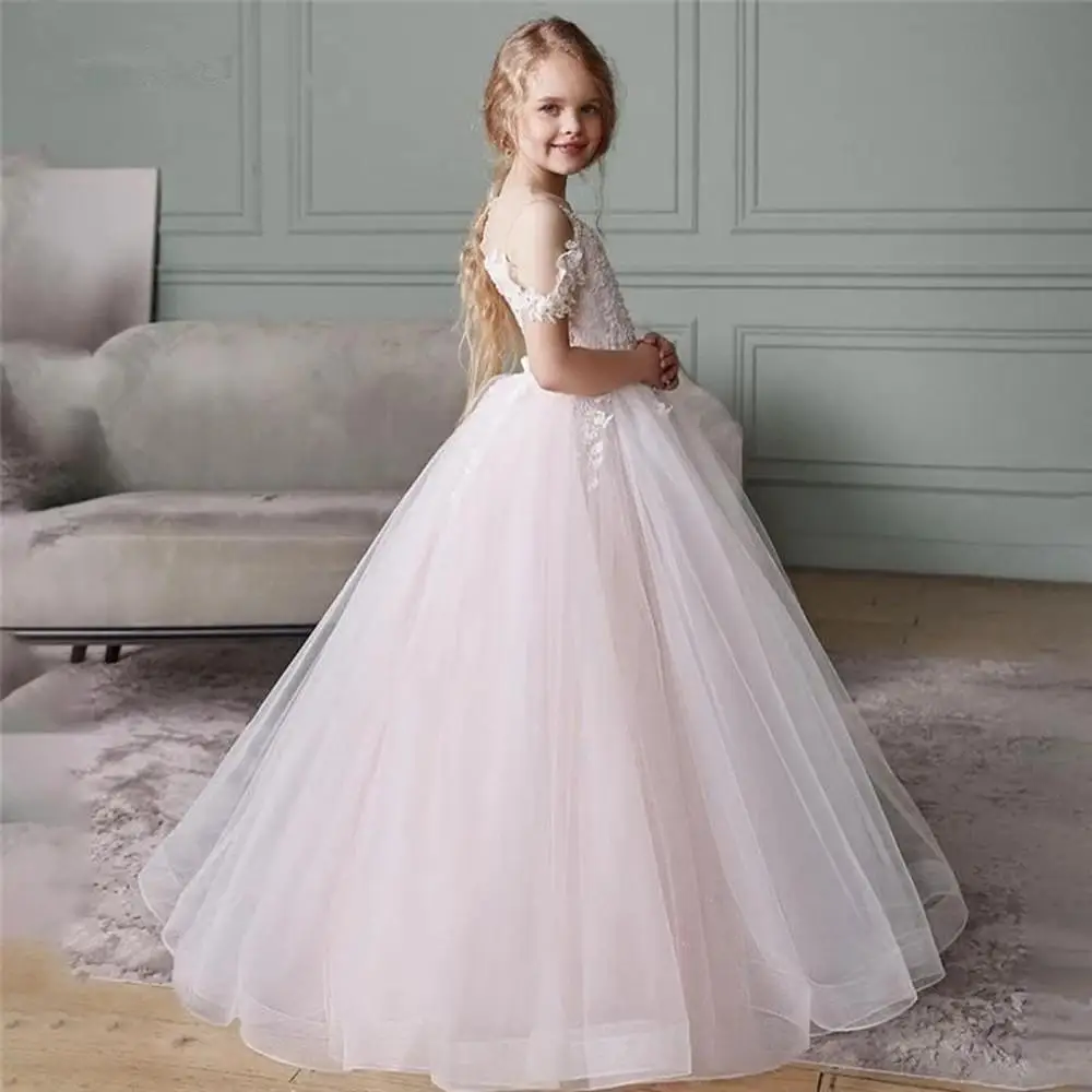 Light Pink Flower Girl Dress Tulle Lace First Communion Dress Vestido De Comunion Kids Birthday Party Gowns Pageant Dress