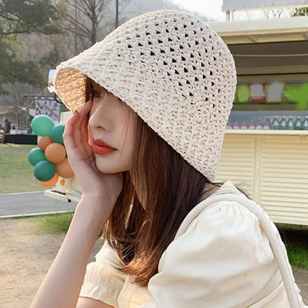 Wide Sun Hat Brim Floppy Summer Hats For Women Beach Panama Straw Dome Weave Bucket Hat  Hollow Out Female Hat Knitted Women Hat