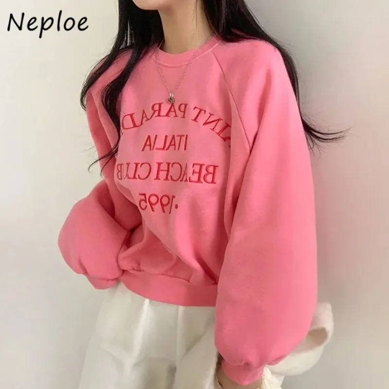 

Neploe 2025 Autumn Winter Warm Velvet Thickened Letter Embroidered Hoodies Femme Sweet Gentle College Style Solid Sweatshirts