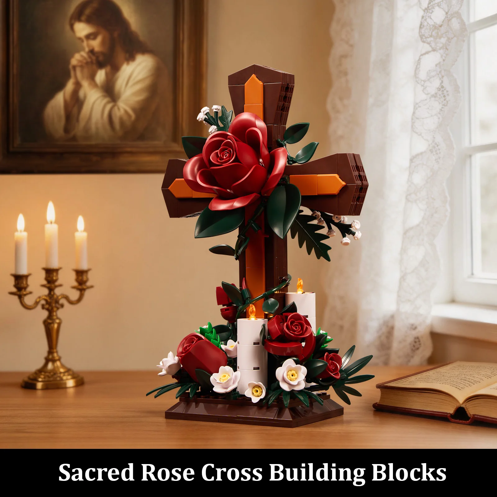 Rose Cross Building Blocks Set Thorns Flower Candle Assembly Model Home Decoration Religion Collectible Gift for Christian Adult