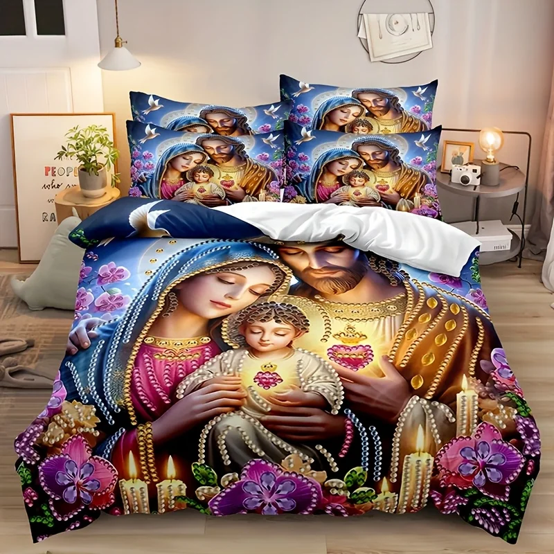 3pcs Jesus & Mary Print Duvet Cover Set (1 Queen Size + 2 Pillowcases) - 3D Digital Print, Ultra-Soft Polyester, Floral & Candle