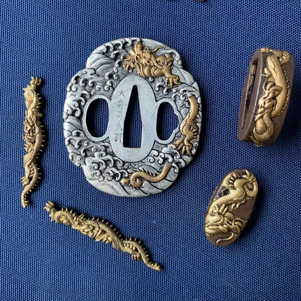 

Top Quality Complete Set of Tachi Katana Wakizashi Sword Accessories Copper Gilded Gold & Silver Tsuba, Kuchi, Kashira, Menuki