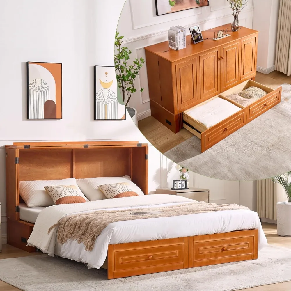 

Murphy Bed Queen,Pine Wood Murphy Cabinet Bed with Tri-Folding Mattress,Storage Drawer with Auxiliary Wheel&USB Charging Station