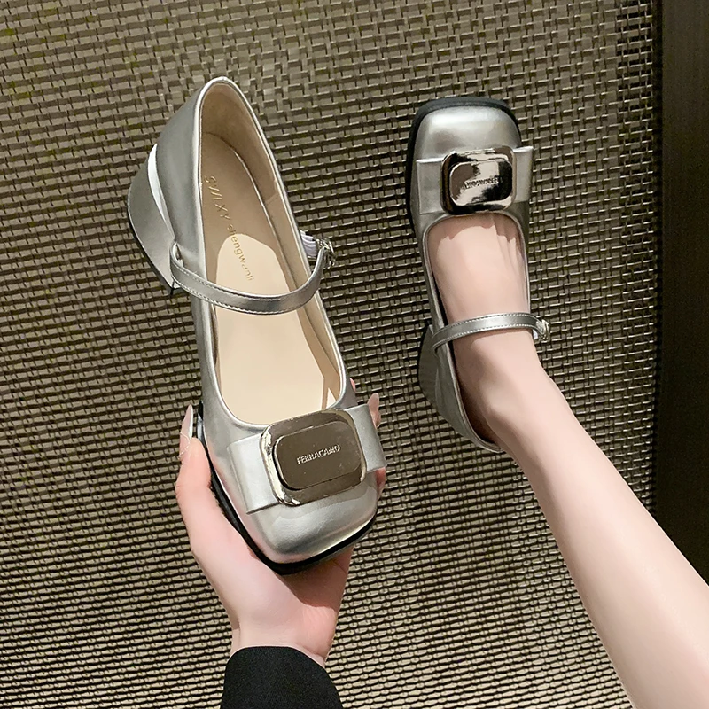 2024 Square Headed Women's Shoes 2024 Spring New Leather Shoes French Style Ladies Thick Heeled Mid Heeled Shoes Retro Mary Jane