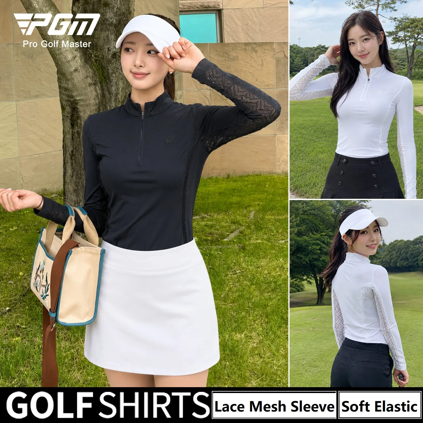 Pgm Golf Women Long Sleeve T-shirt Half Zipper Lace Sports Tops Ladies Elastic Sunscreen Slim Shirts Korean Golf Tennis Clothing