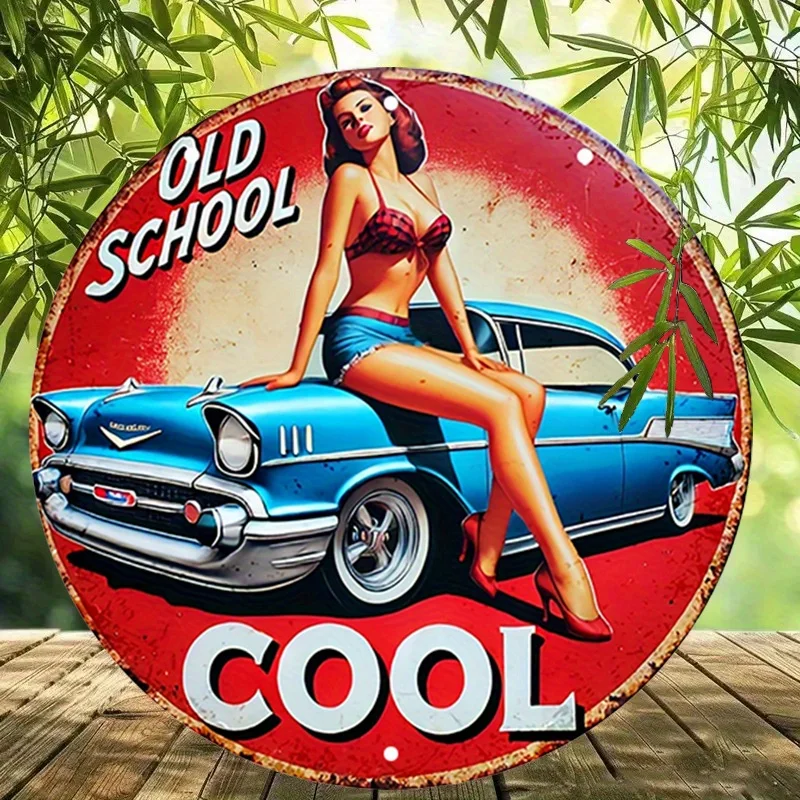 1pc Vintage Pin-Up Car & Cool Girl Round Aluminum Sign - Rustic Metal Wall Art with 