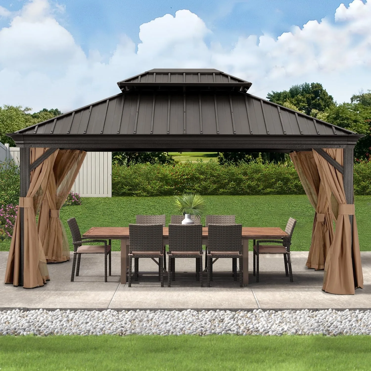 

Hardtop Gazebo 12x16 - Outdoor Metal Hard Top Gazebo, Permanent Galvanized Steel Aluminum Framed Pavilion (Double Roof, Khaki)