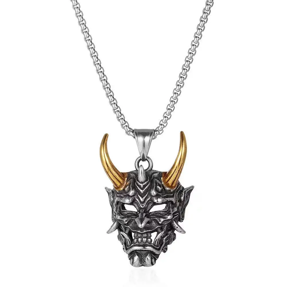 Vintage Punk Demon Mask Samurai Ghost Pendant Necklace Men's and Women's Long Chain Hip Hop Rock Party Necklace Gift Accessories