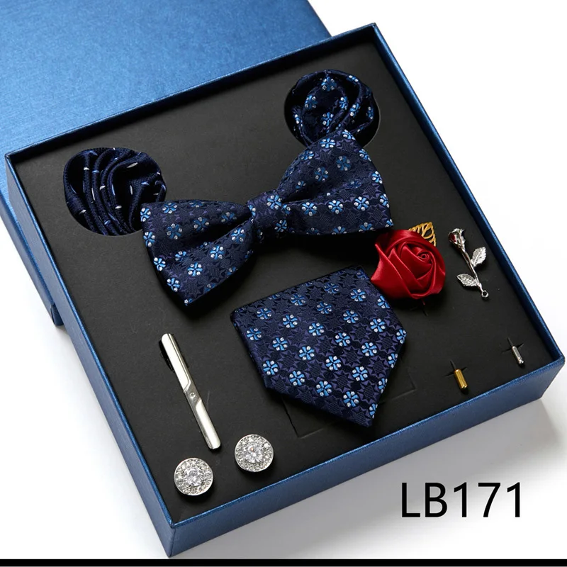 

Blue Men's Tie Set Necktie Bowtie Pocket Square Cufflinks Tie Clip Brooches 8pcs Gift Box For Wedding Party Business Tie For Man