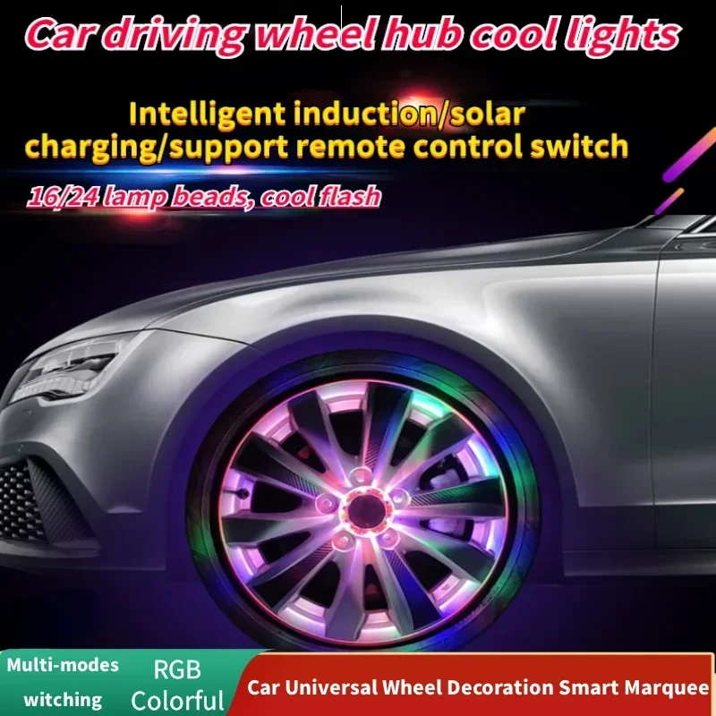 4pcs RGB Car Hub Lights Remote Control Waterproof Solar Smart Sensing Flash Wheel Tire Rim Lights For Car Decoration Colorful