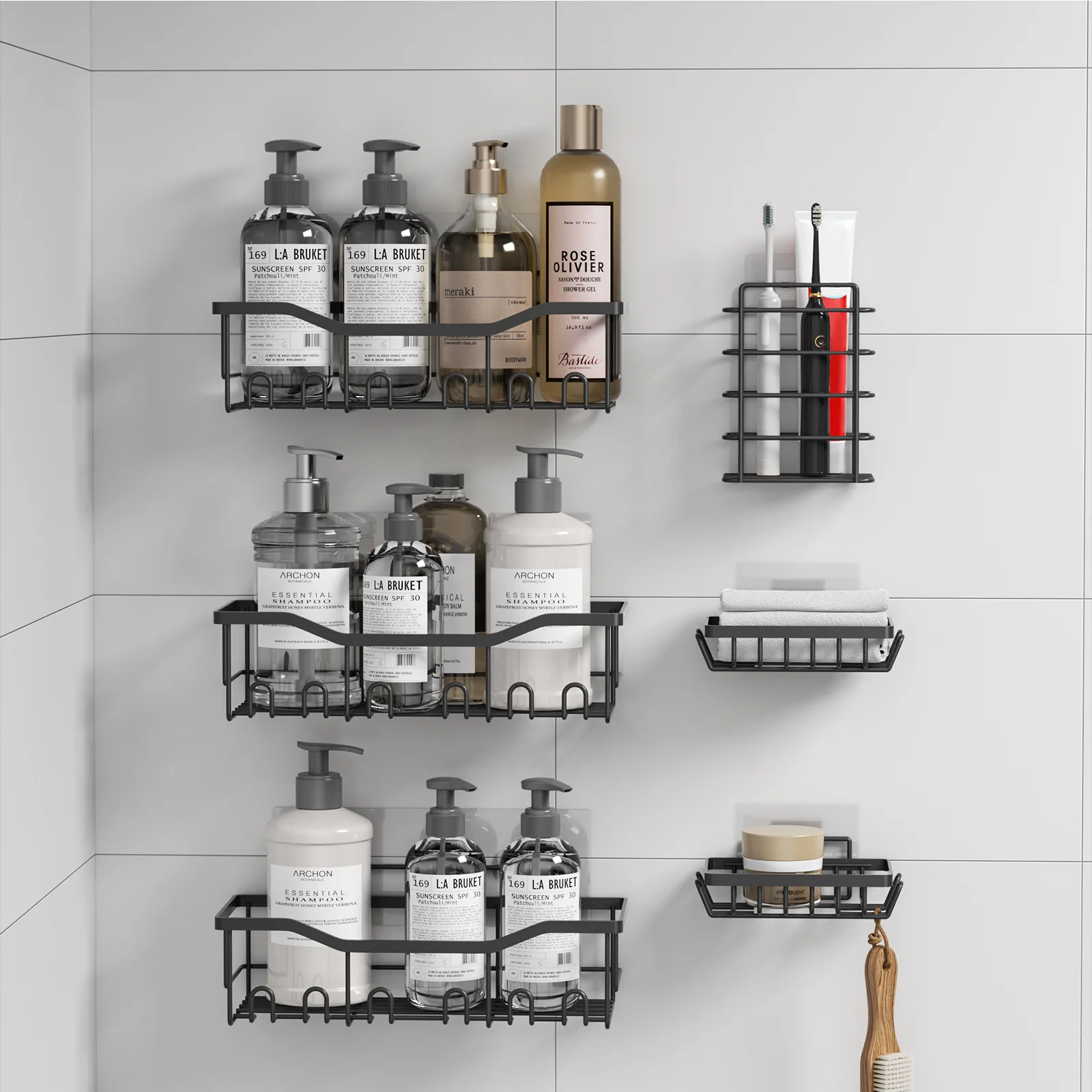 HOQUSA Black Metal Wire Wall Mounted Storage Shelf, Multifunctional Hanging Basket Organizer with 6 Hooks for Kitchen Spice