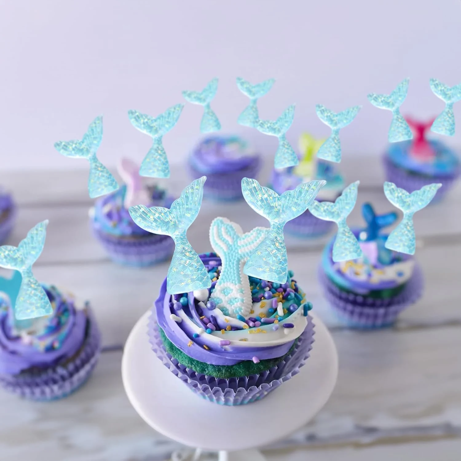 12 Stück Cupcake-Topper mit Meerjungfrauenschwänzen, blau, rosa Kuchendeckel für Meerjungfrau-Thema, Kuchendekoration, Geburtstagsfeier, Babyparty-Zubehör – Detail 1