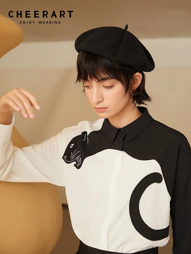 

CHEERART, осень 202, модные леопардовые рубашки с длинными рукавами и вышивкой для женщин, блузка, белая рубашка на пуговицах, дизайнерская верхняя одежда