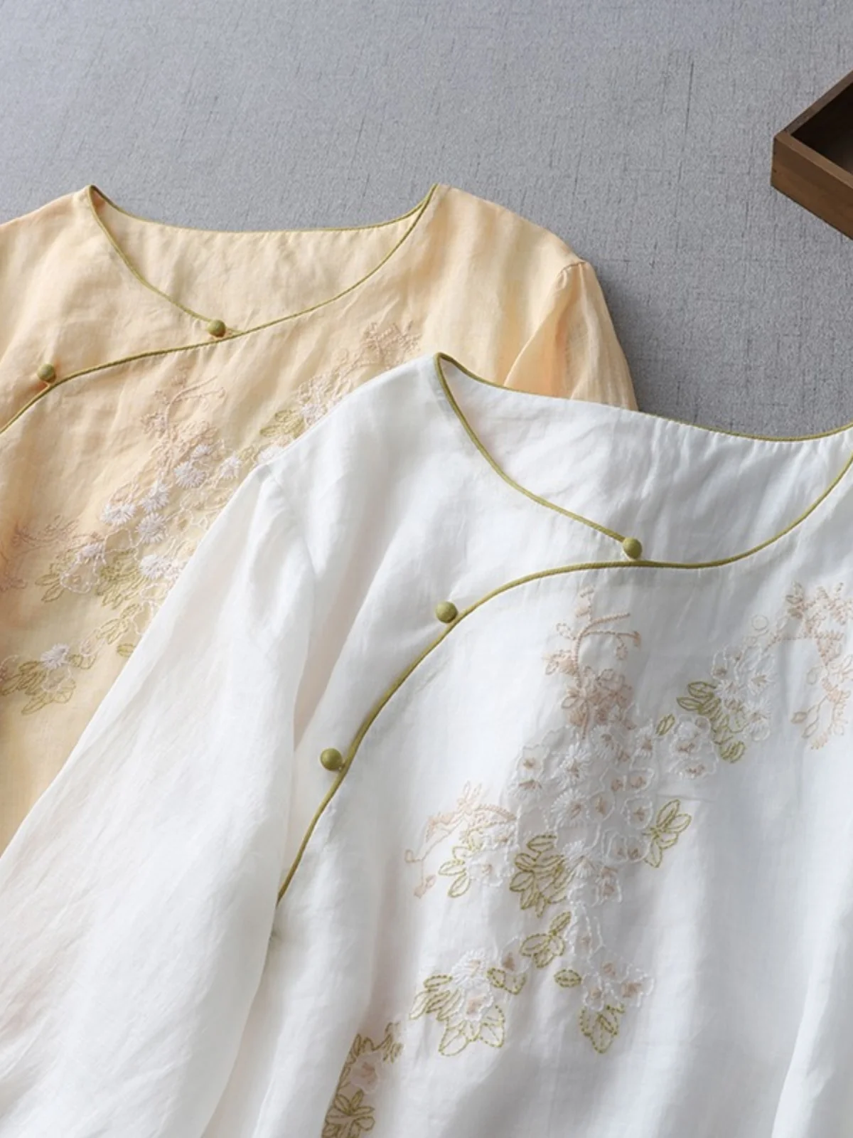 

Retro Chinese Style Women's Cotton Linen Shirt Embroidered Asymmetrical Sleeve Traditional Button up Top Summer Fashion