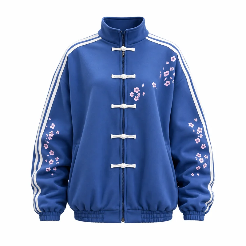 Damen-Sweatshirt mit Stehkragen und Reißverschluss, Kirschblüten-Stickerei, chinesische Knöpfe, Streetwear, lässige, lockere Passform, Jacke – Detail 2