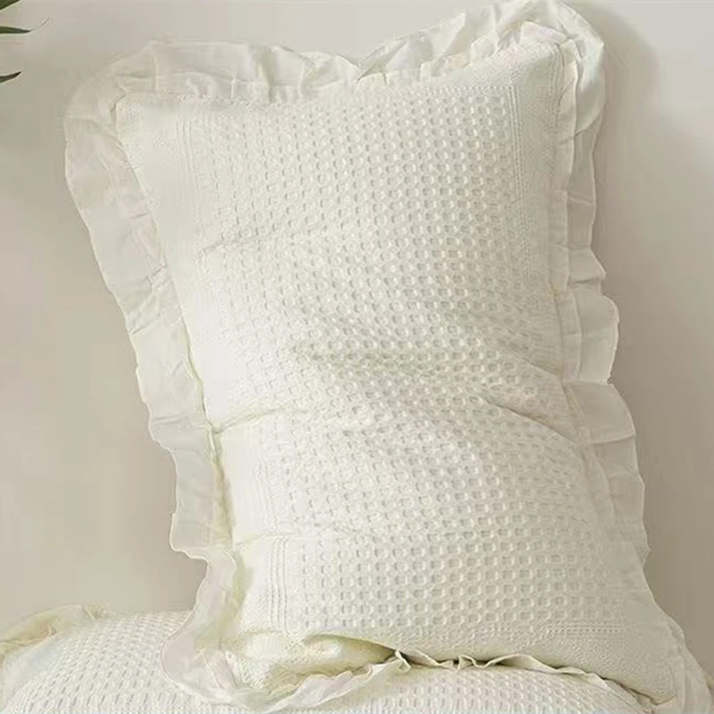 2Pcs Waffle Jacquard Pure Cotton Pillowcases Solid Color Lace Ruffle Pillow Cover Envelope Style Bedding Decorate Pillow Sham