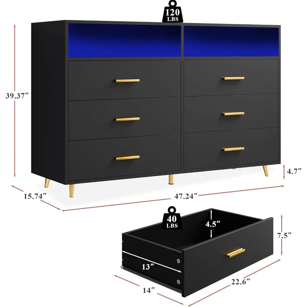 Dresser for Bedroom, Black Dresser with LED, 6 Drawers Dresser with Large Organizer, Large Dressers Bedroom Furniture 47.2