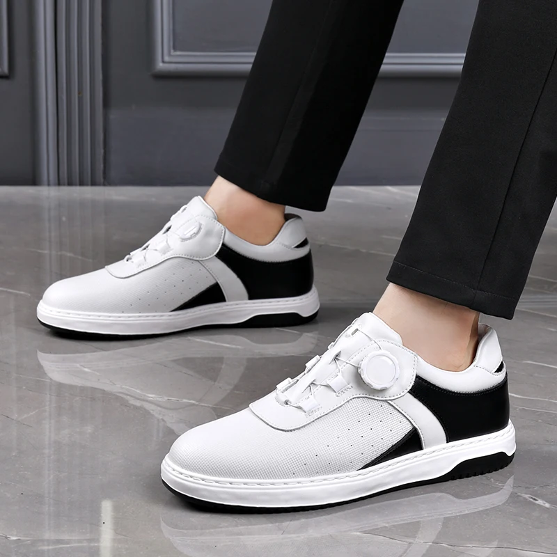 Little White Shoes Men's Genuine Leather Breathable Simple Style Rotating Buckle Premium Feel Shoes Business Casual Board Shoes