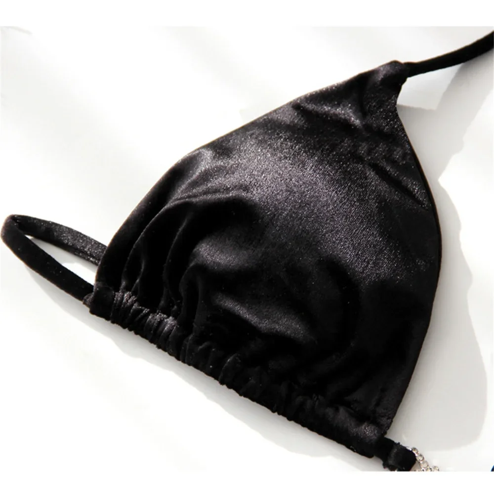 Bikini de terciopelo con lazo de diamantes de imitación para mujer, traje de baño negro Y2K con lazo y espalda descubierta, traje de baño de tendencia con Tanga, traje de baño para playa, Bikini