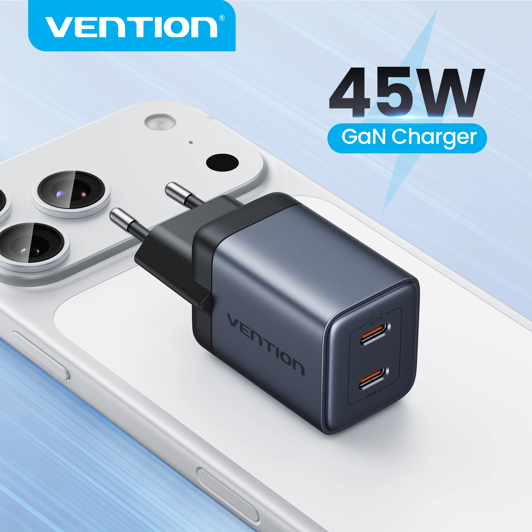 Vention 45W GaN Fast Charger USB C PD3.0 Type C Charger for iPhone 16 15 14 Samsung S24 Xiaomi 13 Portable Travel Charger